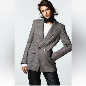 NWT Zara Black and White Double Breasted Houndstooth Blazer with Gold Buttons